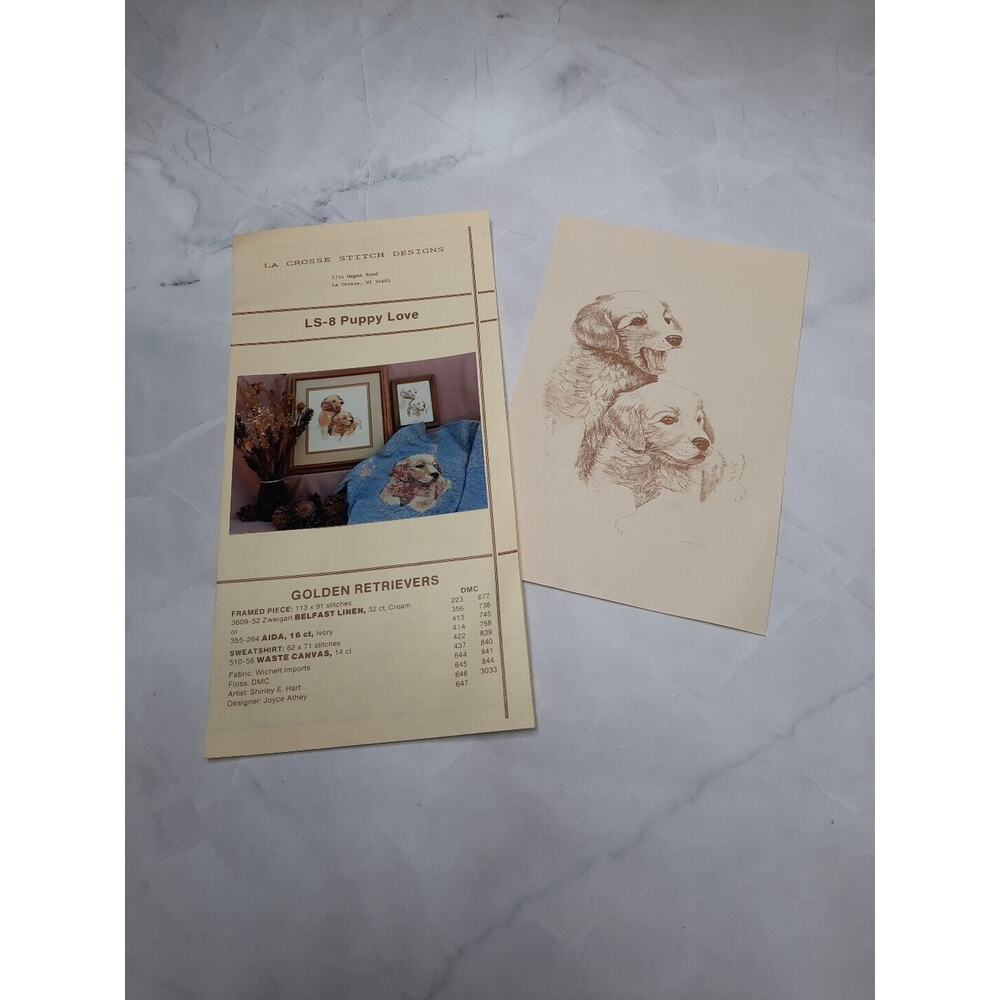 Vtg L.A Crosse Stitch Designs Puppy Love Golden Retrievers Cross Stitch Chart